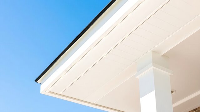 Clean white soffit board under eaves contrasting with dark rain gutter. 
