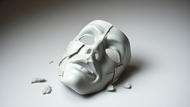  A fragmented theatrical mask with pieces reassembled into a distorted expression. 