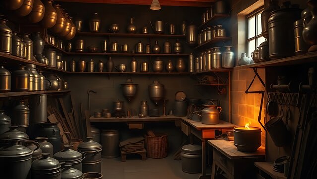  Cozy workshop interior with tin vessels and tools lit by forge glow. 