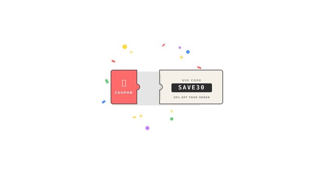 Flat design animation of a coupon card sliding open to reveal promo code SAVE30 with colorful confetti on white background.