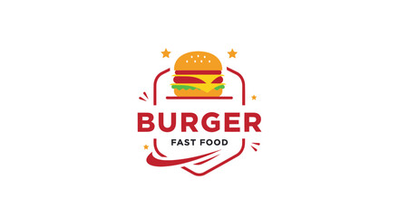 Fototapeta premium Burger Fast Food Logo - Delicious Hamburger Emblem with Stars and Red Swoosh