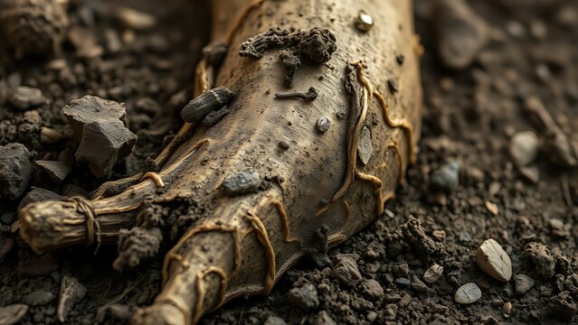  Close-up of a kava plant root with rough textured surface and fresh soil in natural earthy tones. 