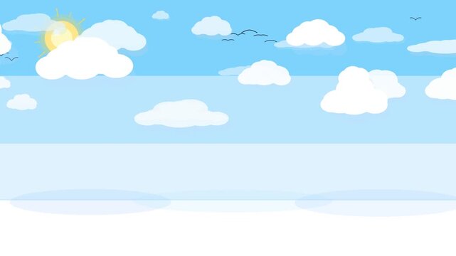 Flat design animation of white fluffy clouds drifting across blue sky with bright sun and birds flying for nature background.
