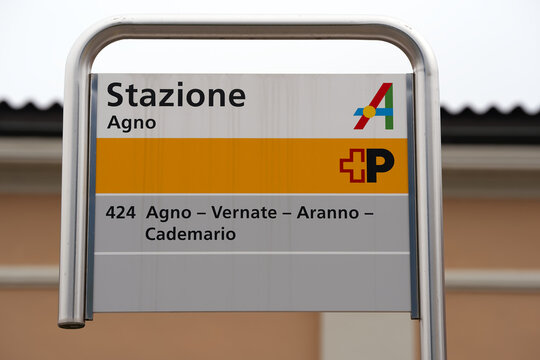 Metal sing at station of Swiss post bus at railway station at Swiss village of Agno on a late summer day. Photo taken September 13th, 2025, Lugano Agno, Switzerland.