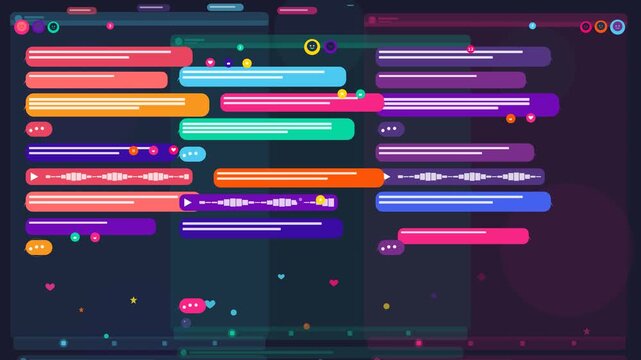 Dynamic social media chat interface animation with colorful text bubbles voice notes and emoji particles on dark purple background.