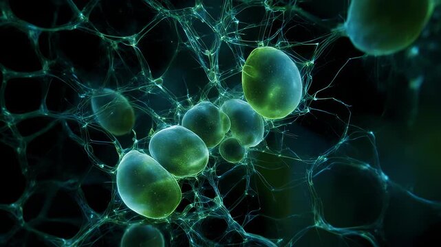 Plant Cell Network. Plant Cells & Micro-Nature (Scientific Visualization). Biotech Concept. interconnected plant cells forming a biological network, set in a dark minimal background
