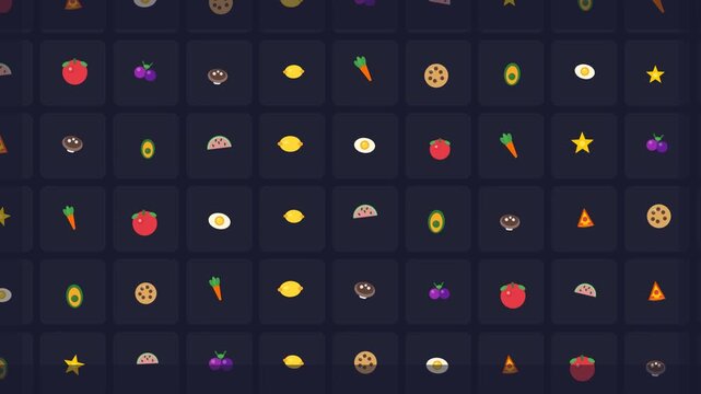 Colorful food and grocery icon pattern animation featuring fruits vegetables and snacks moving in a seamless grid for culinary background.