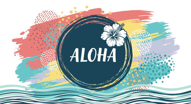 Colorful aloha summer background with abstract brush strokes a white hibiscus flower and wavy sea patterns for tropical themes.