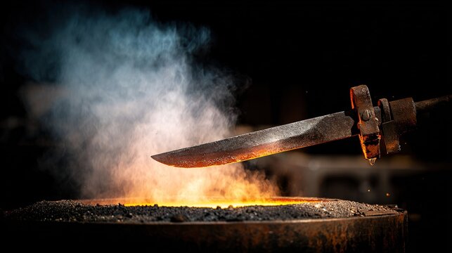 blacksmith. A blacksmith quenching a glowing sword blade in water. safety posters, maintenance manuals, designed for precision metalworking and fabrication facilities, improves efficiency.