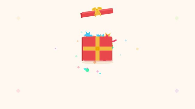 Animated red gift box opening with colorful confetti explosion and closing in a seamless loop on a light neutral background.