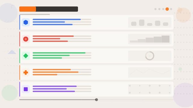 Multi layered business infographic animation with sequential bullet points progress bars and colorful data visualization elements on light clean background.