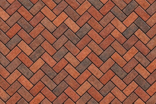 Rustic brick pavement background, red and brown herringbone brick texture, outdoor walkway pattern for design and architecture