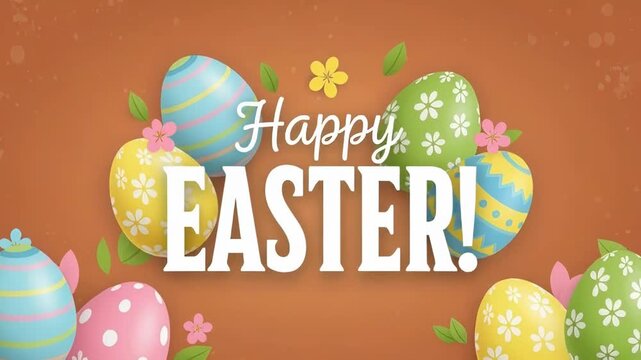 Colorful easter eggs with floral decoration and happy easter text animation on rustic background