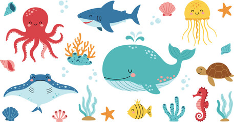 Obraz premium Cute sea animals collection with whale shark octopus jellyfish and ocean elements cartoon vector set