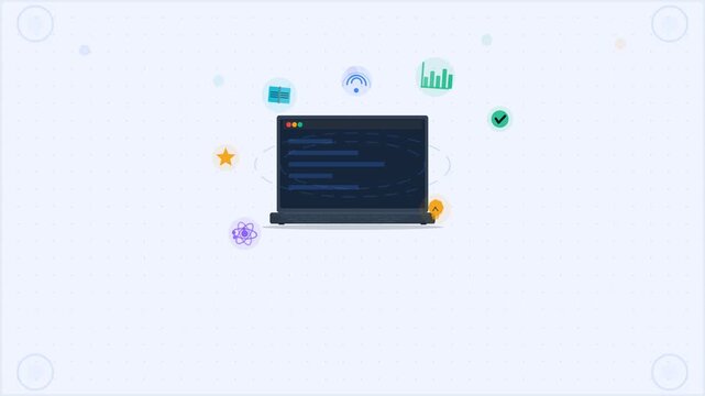 Laptop opening animation surrounded by education icons including science atom lightbulb and charts for online learning and digital technology concept.