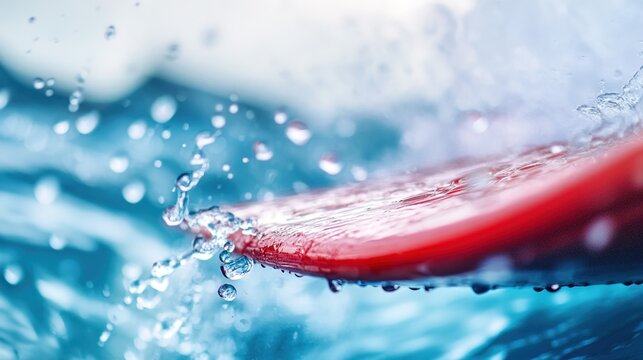 waterski. Close-up of a red waterski underside with water droplets on a blurred blue background. mobility guides, transit brochures, designed for transport & logistics marketing.