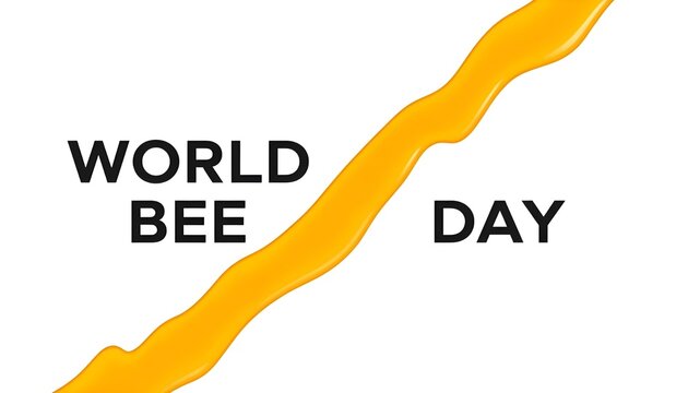 A graphic design celebrating World Bee Day with a yellow honeycomb pattern on a white background