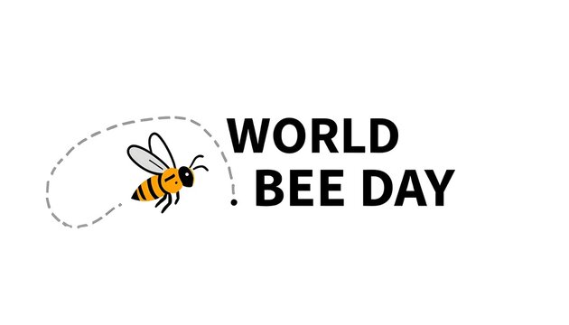 A colorful illustration of a bee flying around World Bee Day text on a white background