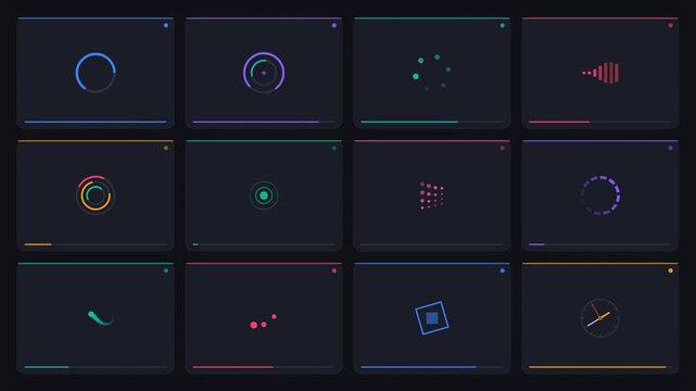 Large collection of various creative loading spinners and progress bar animations for website interface and mobile application user experience design.