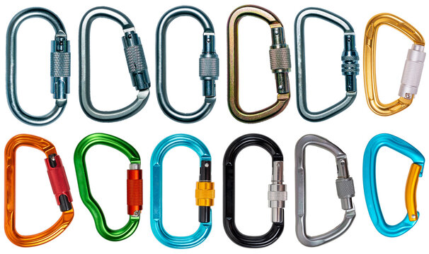 Isolated collection of climbing colorful carabiners on white background	
