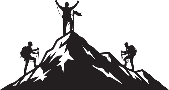 Silhouette of triumphant hikers reaching mountain summit with flag