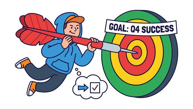 Q4 Business Success Target: Cartoon character aims dart, symbolizing strategic goal achievement and quarterly objective planning.