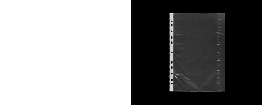 Clear punched plastic document sleeve with crumpled texture isolated.
