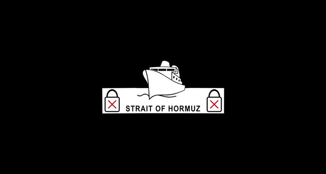 Animation of Sea with digital padlock Icon and text Strait of Hormuz Blockade. Hormuz closed concept.