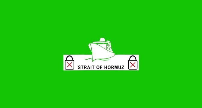 Animation of Sea with digital padlock Icon and text Strait of Hormuz Blockade. Hormuz closed concept.