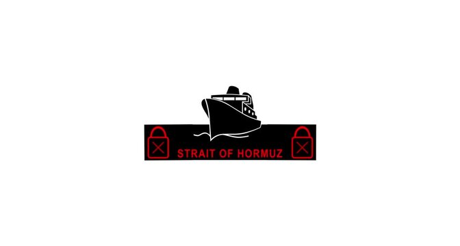 Animation of Sea with digital padlock Icon and text Strait of Hormuz Blockade. Hormuz closed concept.