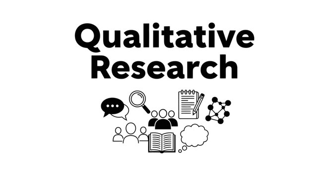 Qualitative Research concept illustration with icons. Vector line art of interview, observation, magnifying glass, book, and thinking bubble. 