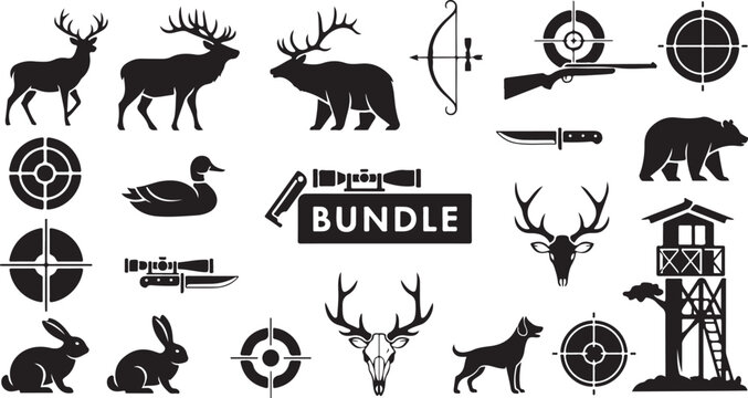 Hunting icons and symbols bundle for outdoor enthusiasts collection
