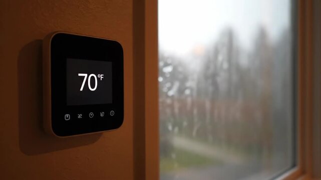 Smart thermostat displaying 68 degrees with a rainy window view at home, comfort and technology.