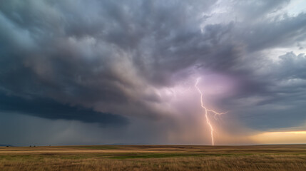 Fototapeta premium A dramatic thunderstorm over a flat prairie with a single lightning bolt on the horizon