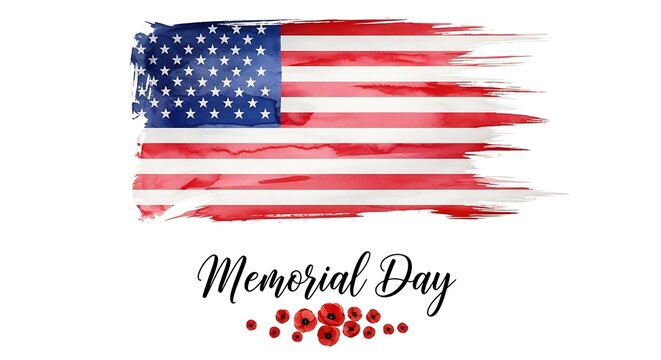 Watercolor american flag with memorial day text and floral accents