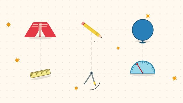 Looping animation of essential school icons including a book pencil globe ruler compass and protractor on a dotted grid background.