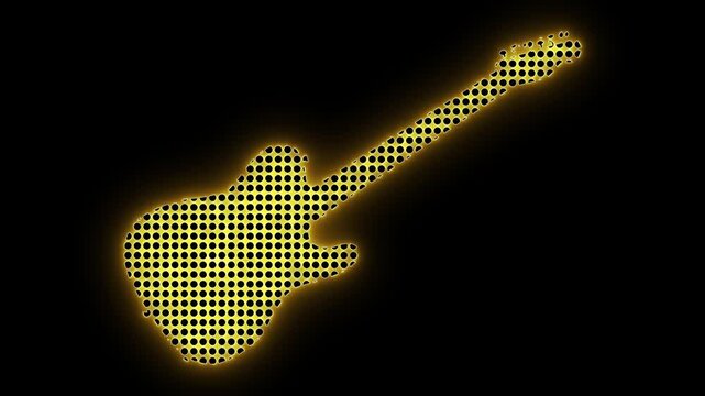Halftone guitar. Electric guitar art. Golden neon glow. Music pop art. Rock and roll. Dotted silhouette. Guitar design icon. Glowing instrument. Modern audio art. Musical poster item.