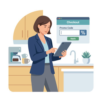 Woman applying promo code on tablet for online checkout.