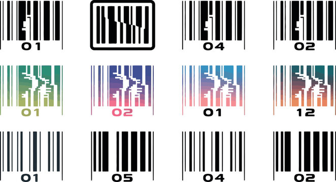 Collection of various barcode labels with numbers and colorful designs side by side