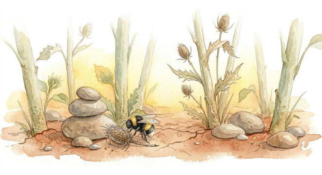 PNG cut out isolated background. Digital watercolor illustration of wild meadow with bumblebees stacked stones and dried teasels