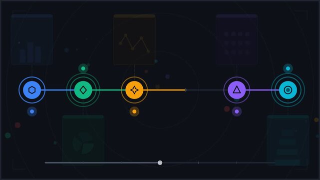 Animated horizontal business timeline infographic showing project progress with colorful geometric icons and data charts on a dark tech background.