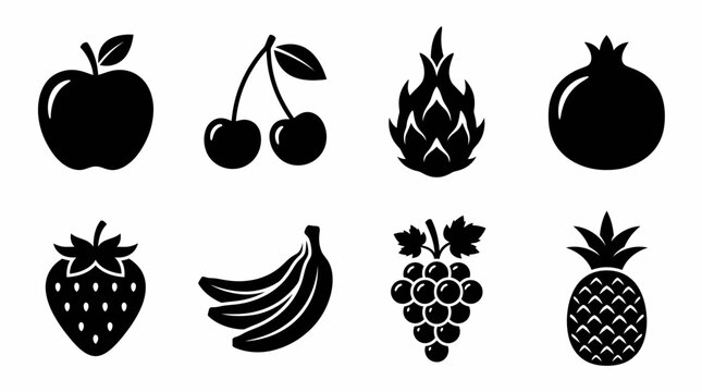 Fruit icons collection showing apple cherries dragon fruit pomegranate strawberry bananas grapes pineapple silhouette illustration design concept