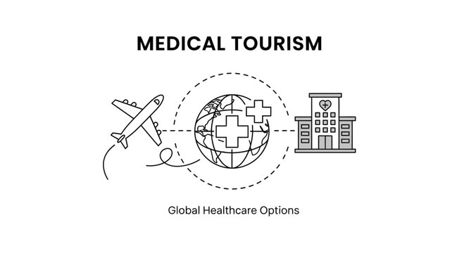 Medical Tourism concept illustration with airplane, globe, and hospital building icons. Global healthcare options vector line art.