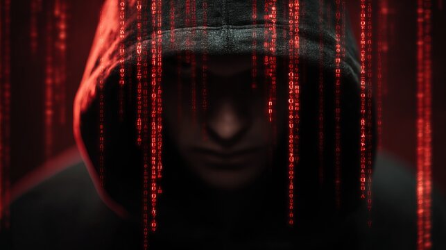 A person wearing a hoodie with red binary code streaming down their face in a dark room