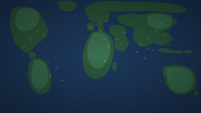 Stylized green world map animation on dark background with multiple pulsating location pins indicating global branches and international presence.