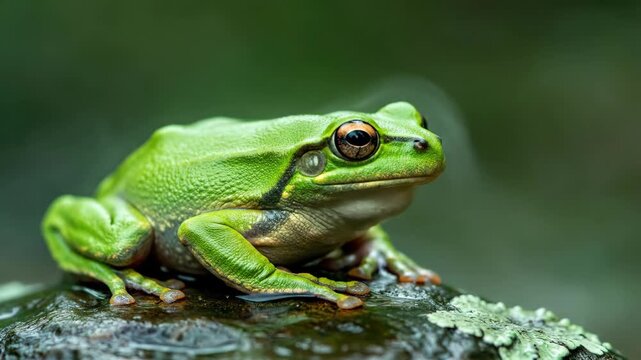 Green tree frog rests on a rock in nature. Close-up of an amphibian animal. 