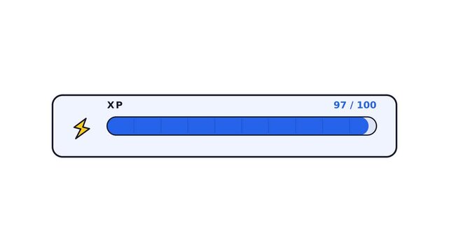 Animated XP progress bar filling up with blue color and exploding into a gold level up notification with stars.
