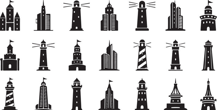 Collection of various lighthouse and building silhouettes in black