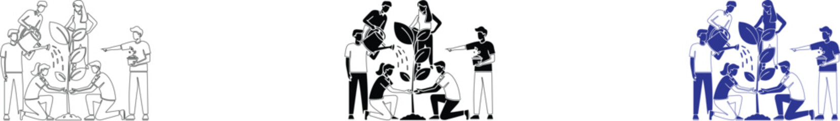 Obraz premium Community Volunteers Planting Trees Together Vector Illustration in Outline, Flat, and Dual Tone Styles