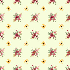 Seamless pattern with flowers and leaves, repeating paper, background. Floral backdrop for textile, fabric, wallpaper. Hand drawing..